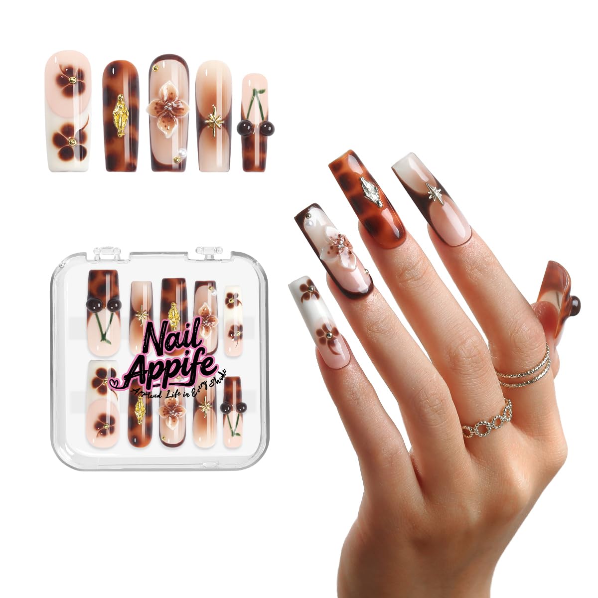 Luxury Baroque Press-On Nails 10pcs, Handmade Long Square Acrylic Nails with Sculpted Gold Relief, Gemstone Heart Charms & Pearl Details, Vintage Green Brown Glossy Design for Statement Style – Appife