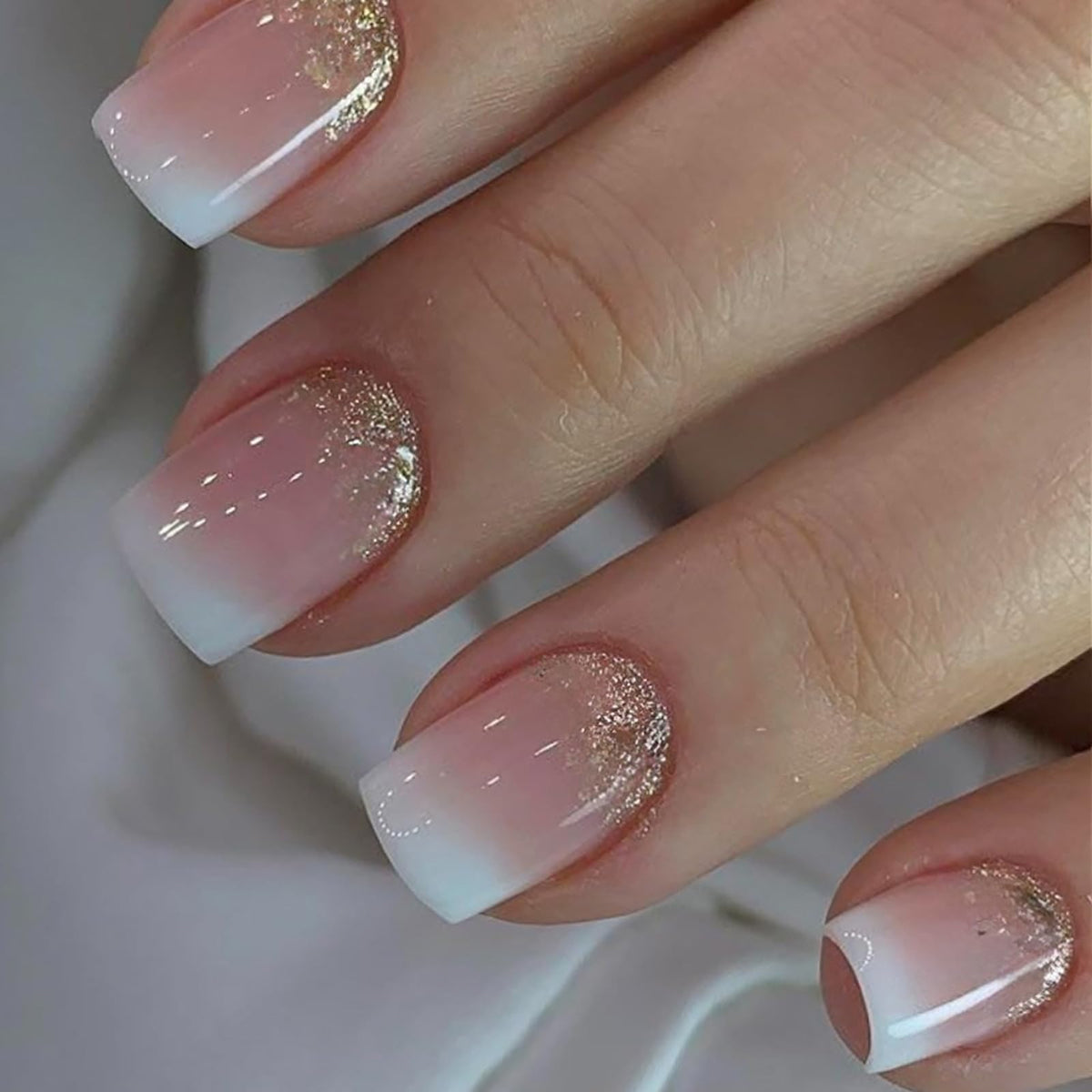 French Tip Press on Nails Glitter Petite Short Square Fake Nails Pink Nude Glossy Design Sparkly False Nails Glue on Nails with Full Cover Acrylic Stick for Women Girls Nail Decorations 24Pcs