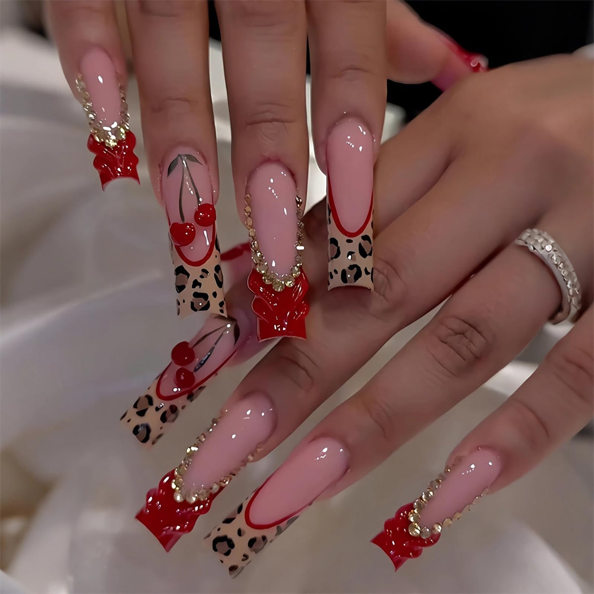 BABALAL Long Square Press on Nails - Blue Fake Nails, Luxury 3D Butterfly Gold Heart Charm Bling Design Full Cover Acrylic Nails Squoval Set 24Pcs