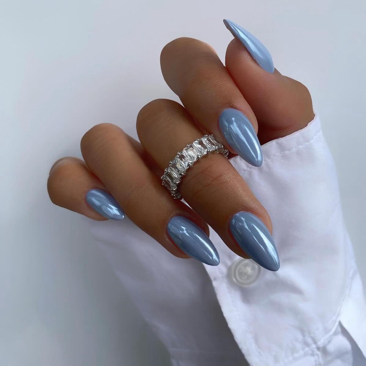 White French Tip Press On Nails Almond - KQueenest Chrome Press On Nails Medium, Glazed Natural Light Nude Fake Nails Press on, Reusable Glue on Nails Stick On Nail for Women Bridal Wedding