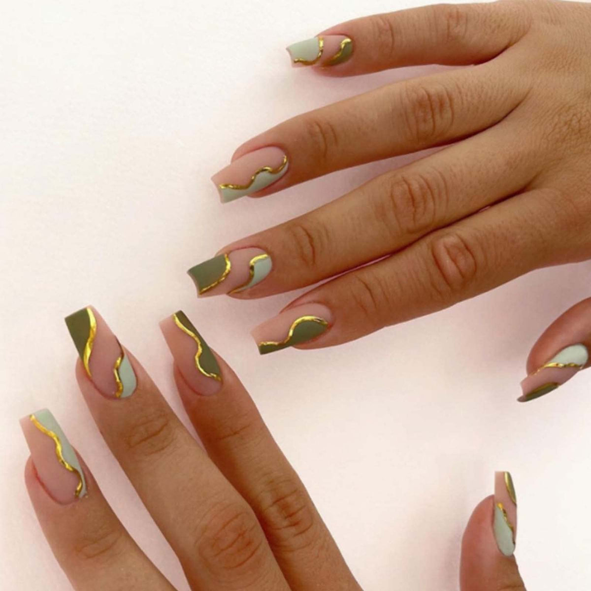 Long Press on Nails Square French Fake Nails Full Cover Nude Acrylic False Nails for Women and Girls 24PCS (Gold Shiny)