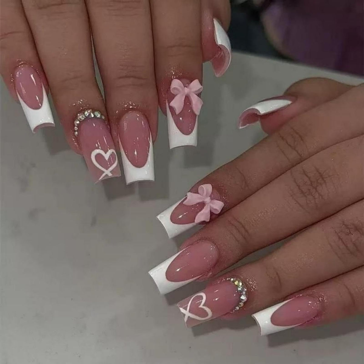 Almond Press on Nails Medium Fake Nails with 5D Metal Lines Charm Design Glossy Pink Nails Press on Curve Glue on Nails Reusable Luxury Silver Beads Acrylic Nail for Women 24Pcs
