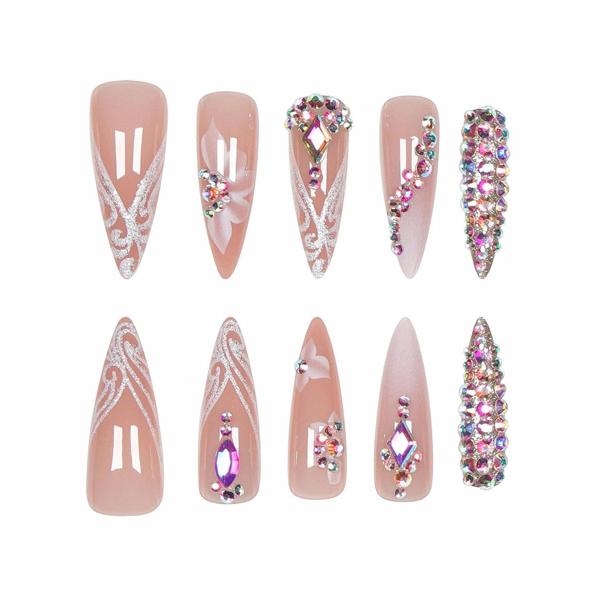 MISUD Press on Nails - Long Stiletto Fake Nails with Bling Glitter, Acrylic Luxury Rhinestone Design 24 pcs