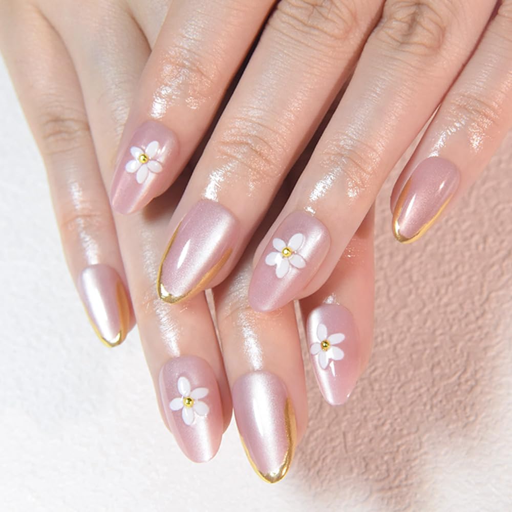 White French Tips Press on Nails, Irregular Gold 3D Lines with Flower & Pearl Design, Reusable Salon Quality Acrylic False Nails for Women, Glue On Nails with Adhesive Tabs for Daily Wear