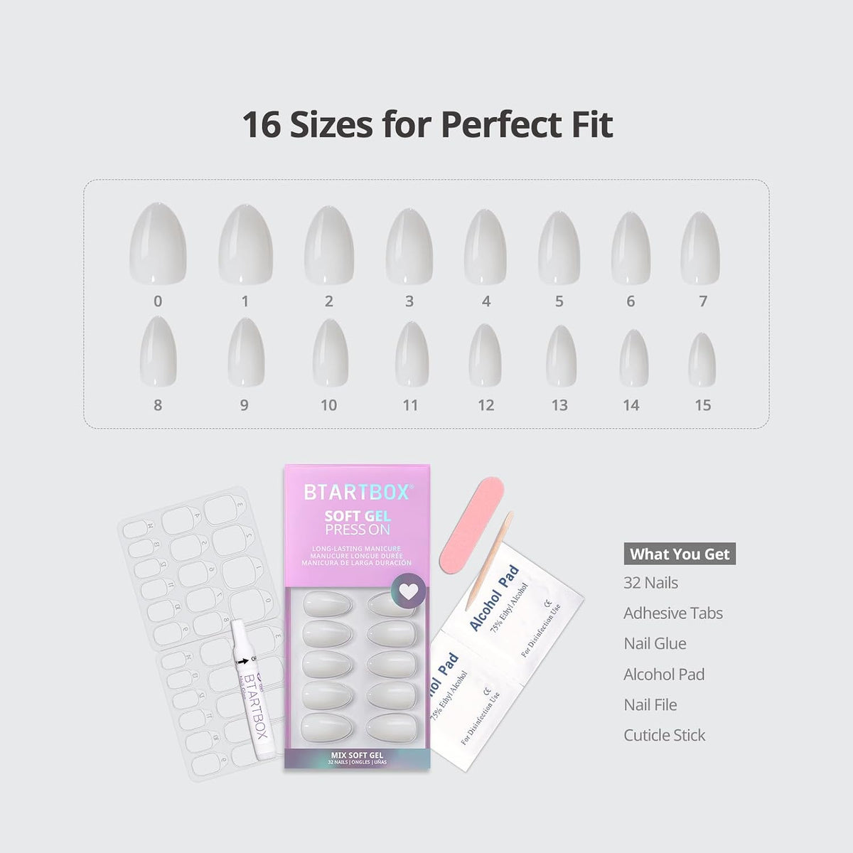 BTArtbox Press On Nails, Short Almond White Fake Nails, 32Pcs Full Kit