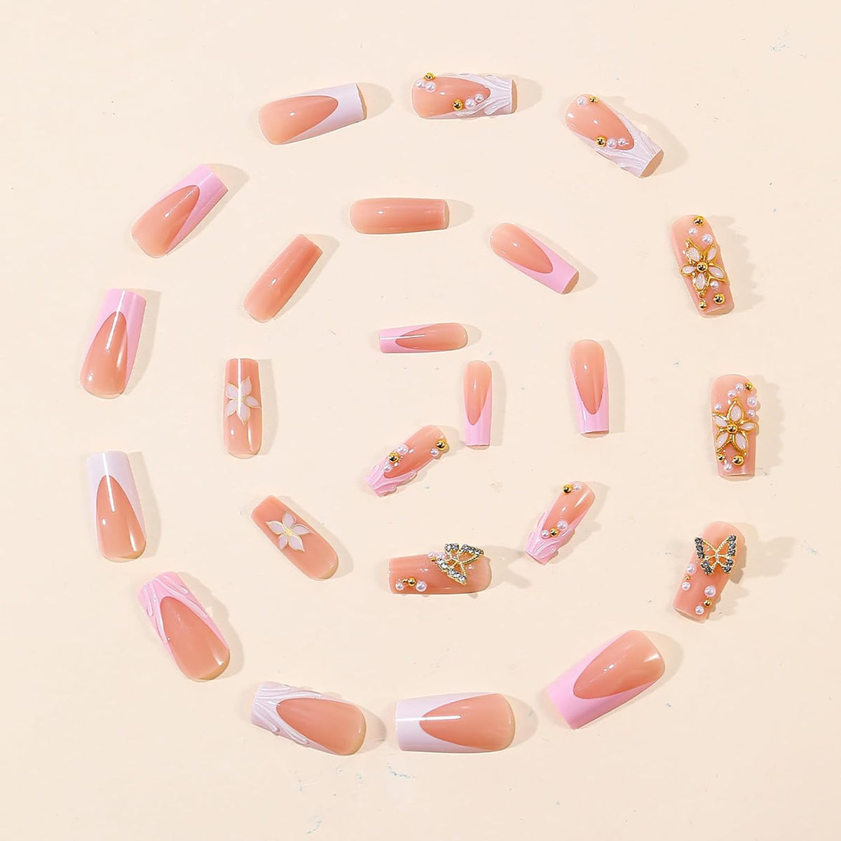 24Pcs Long Square Nude Pink White Nails Press ons Pearl Gold Flower Fake Nails Elegant False Nails Bridal Nails Glue on Luxurious Stick on Nails Casual Work for Girl Women Wedding Formal Occasions