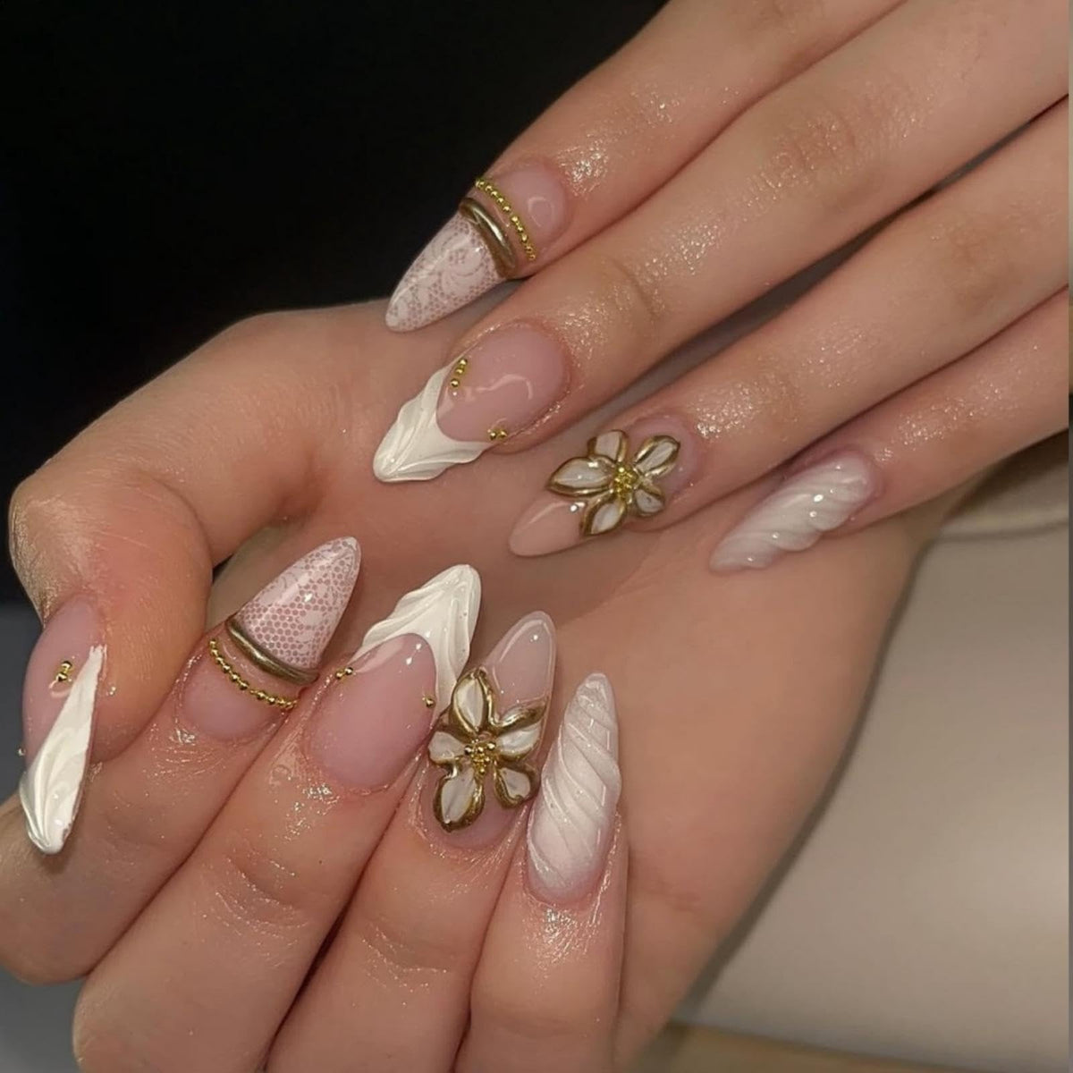 French Tips Press on Nails Medium Almond Nails Press on with 5D Flower Charm Design Glossy Brown Glue on Nails Water Ripple Rhinestones Fake Nail Reusable Fall Winter Nail for Women Manicure 24Pcs
