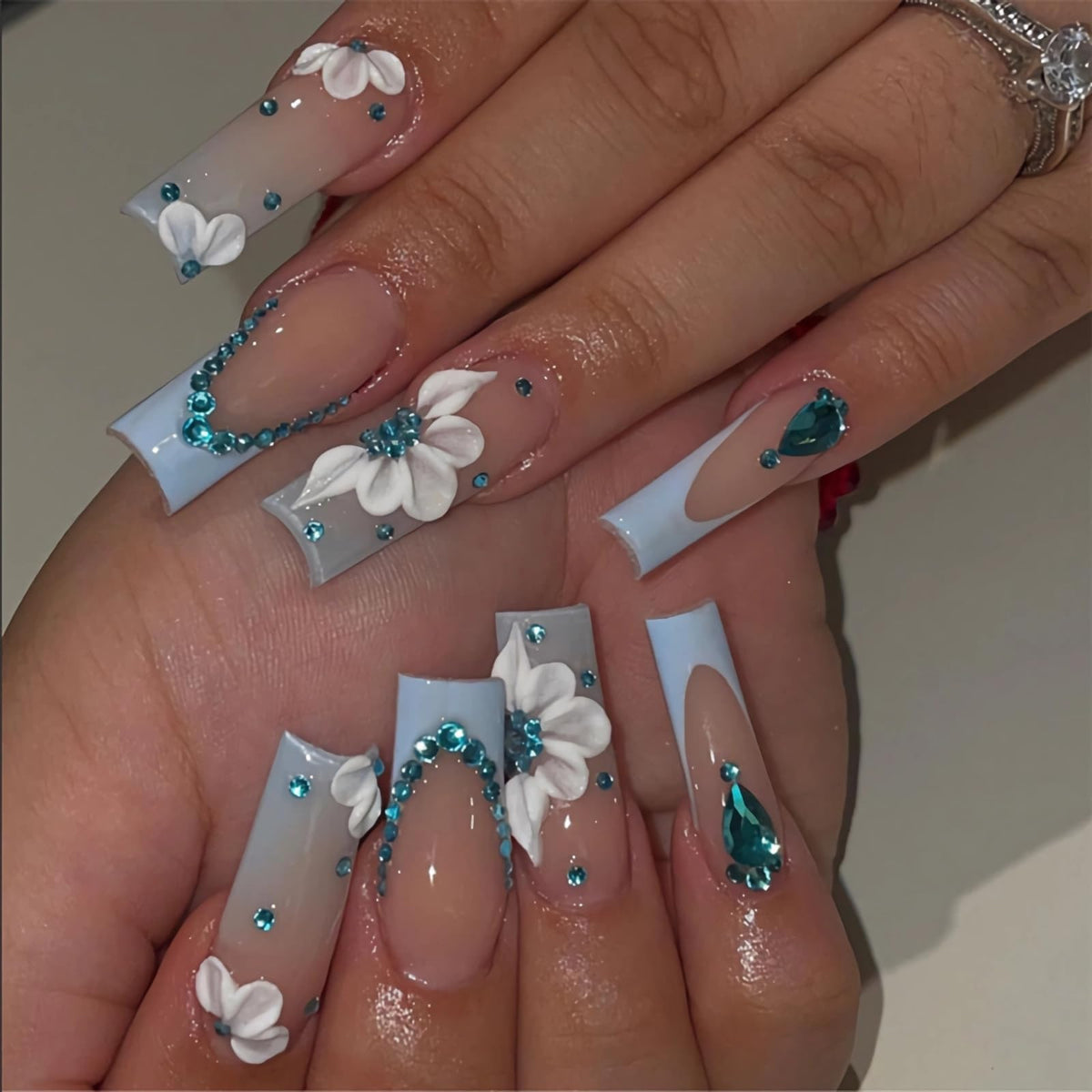BABALAL Long Square Press on Nails - Blue Fake Nails, Luxury 3D Butterfly Gold Heart Charm Bling Design Full Cover Acrylic Nails Squoval Set 24Pcs