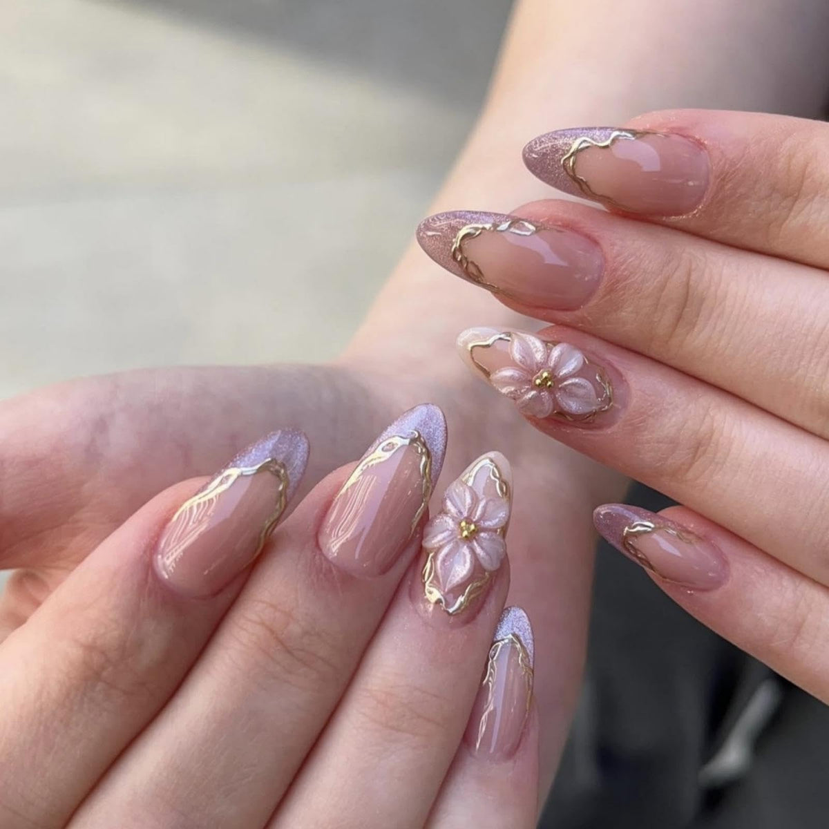 3D Handmade Pink Flower Press on Nails Blue French Tip Almond Fake Nails with Gold Metal Charms Luxury Reusable Full Cover Pink Acrylic Nails Press on for Women 24Pcs