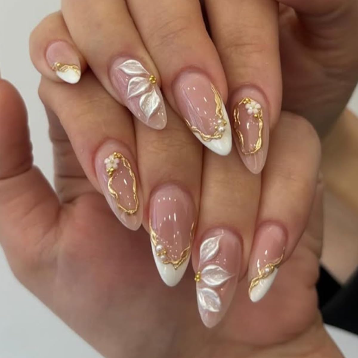 Almond Press on Nails Medium, Handmade White French Tip 3D Nude Fake Nails with Pearl Flower Leaf, Reusable Acrylic Stick On Nails for Women Wedding Bridal Party 24Pcs