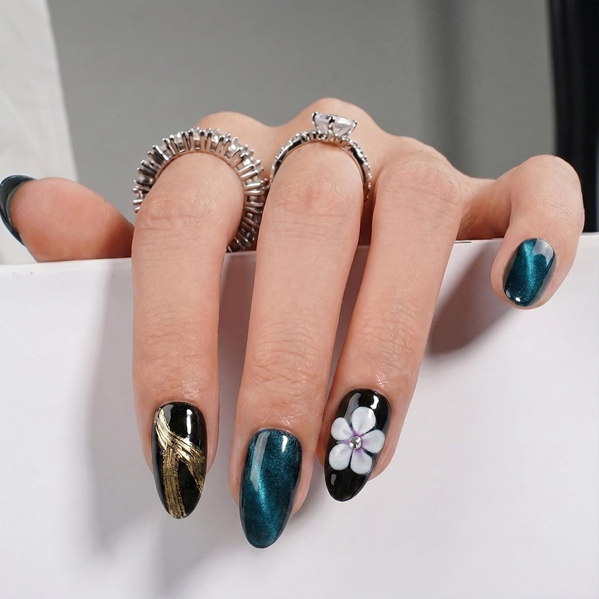 Black French Tip Press On Nails Almond Stiletto, Nude Glossy Fake Nails