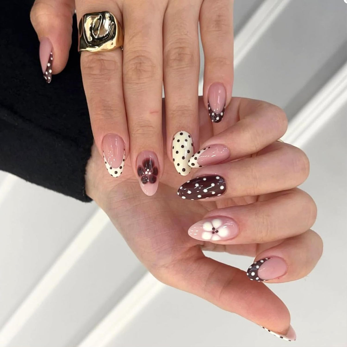 Black French Tip Press On Nails Almond Stiletto, Nude Glossy Fake Nails