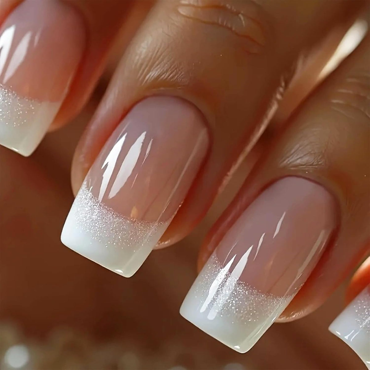 24Pcs French Tip Press On Nails Medium Square Glitter Acrylic Nails with White Gradient Design Glossy False Nails Reusable Nude Stick On Nails for Women Manicure Decor Supplies