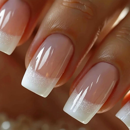 24Pcs French Tip Press On Nails Medium Square Glitter Acrylic Nails with White Gradient Design Glossy False Nails Reusable Nude Stick On Nails for Women Manicure Decor Supplies