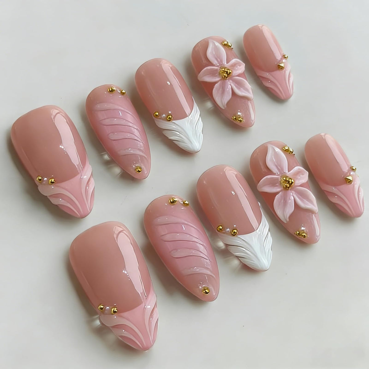 Handmade Almond Press on Nails Medium, Nude White French Tip Fake Nails with 3D White Flower Gold Metal Lines Pearl Decor, Glossy Reusable Full Cover False Nails for Women Wedding Daily(S)