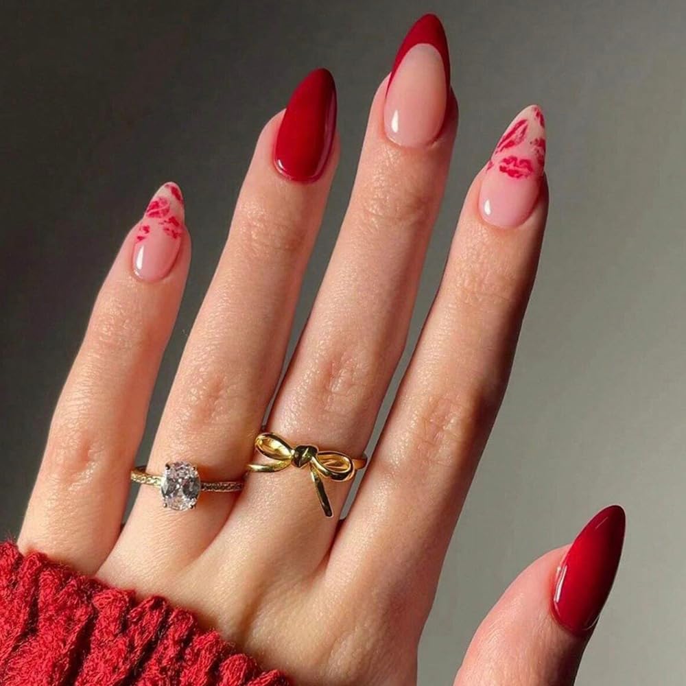 Press On Nails Almond Fake Nails French Tip False Nails Press ons Medium Glue on Nails with Chrome Design for Women Stick on Nail 24Pcs