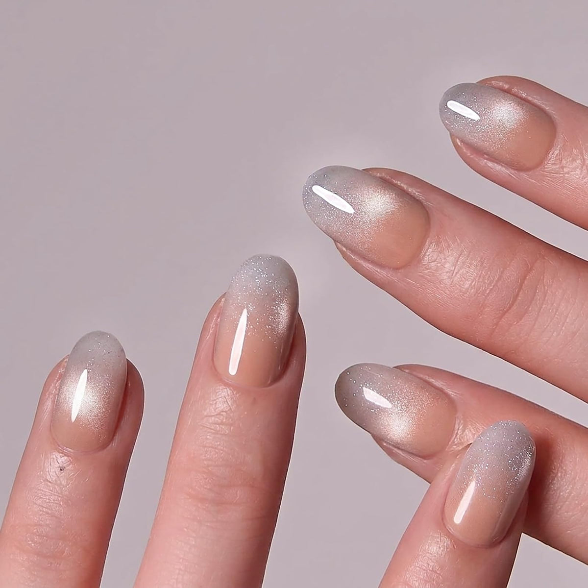 CurvLife Short Oval Chrome Nude Press On Nails, Champagne Pearl, Soft Gel