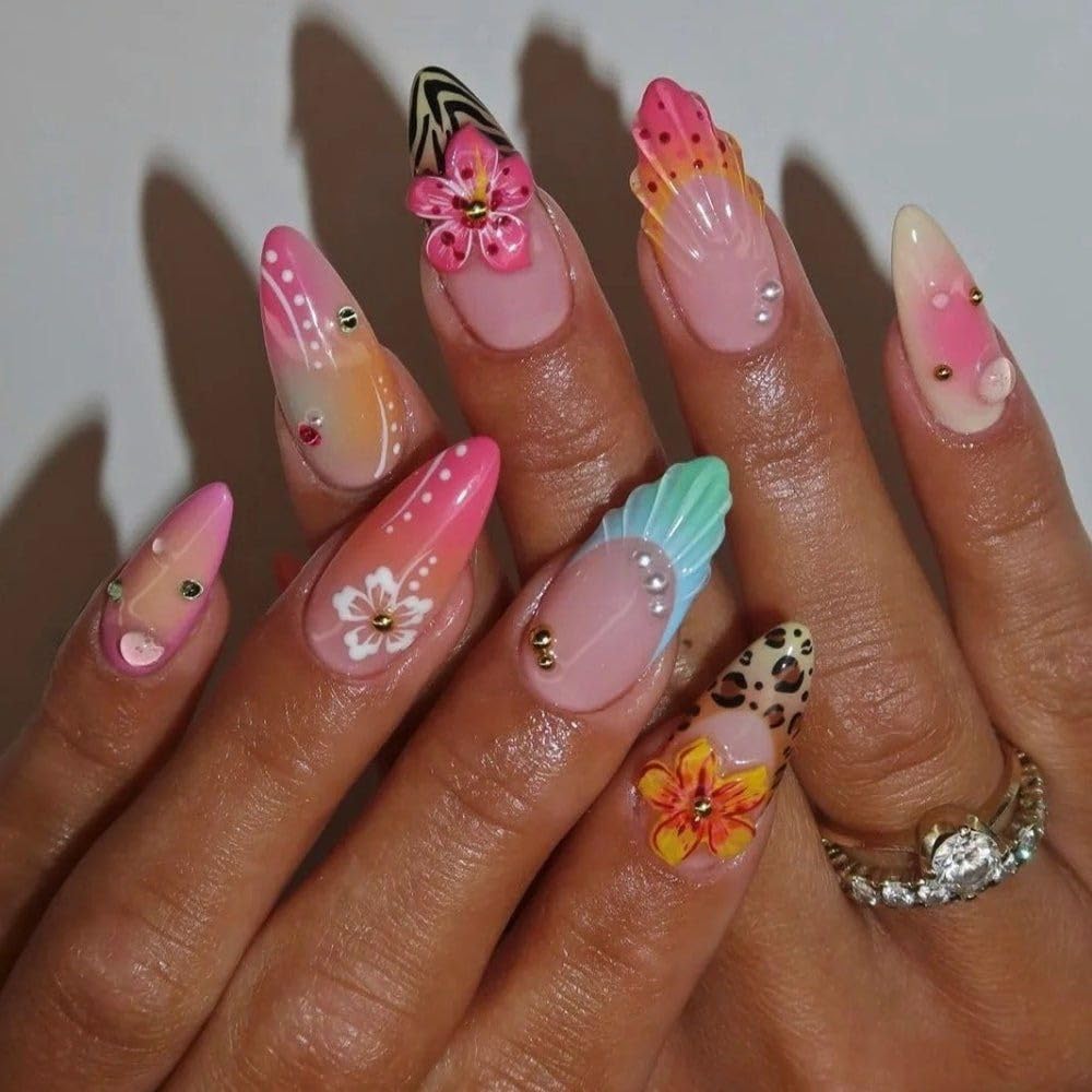 Green Press on Nails Medium Almond Fake Nails with 3D Pearl Rhinestones Designs Gold French Tips Flower Acrylic Nails False Nails White Floral Full Cover Glossy Stick on Nails for Women 24Pcs