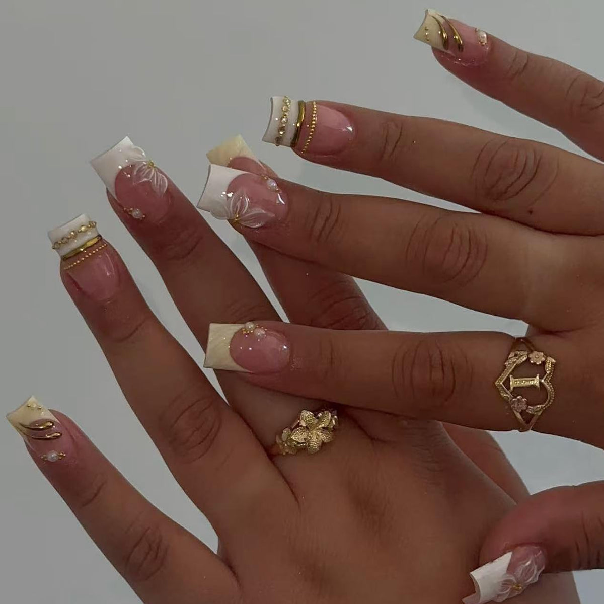 Short Square Press on Nails French Tip | Acrylic White Flower False Nails with Gold Rhinestones Design, Glossy Press Ons Stick on Glue on Nails for Women 24Pcs