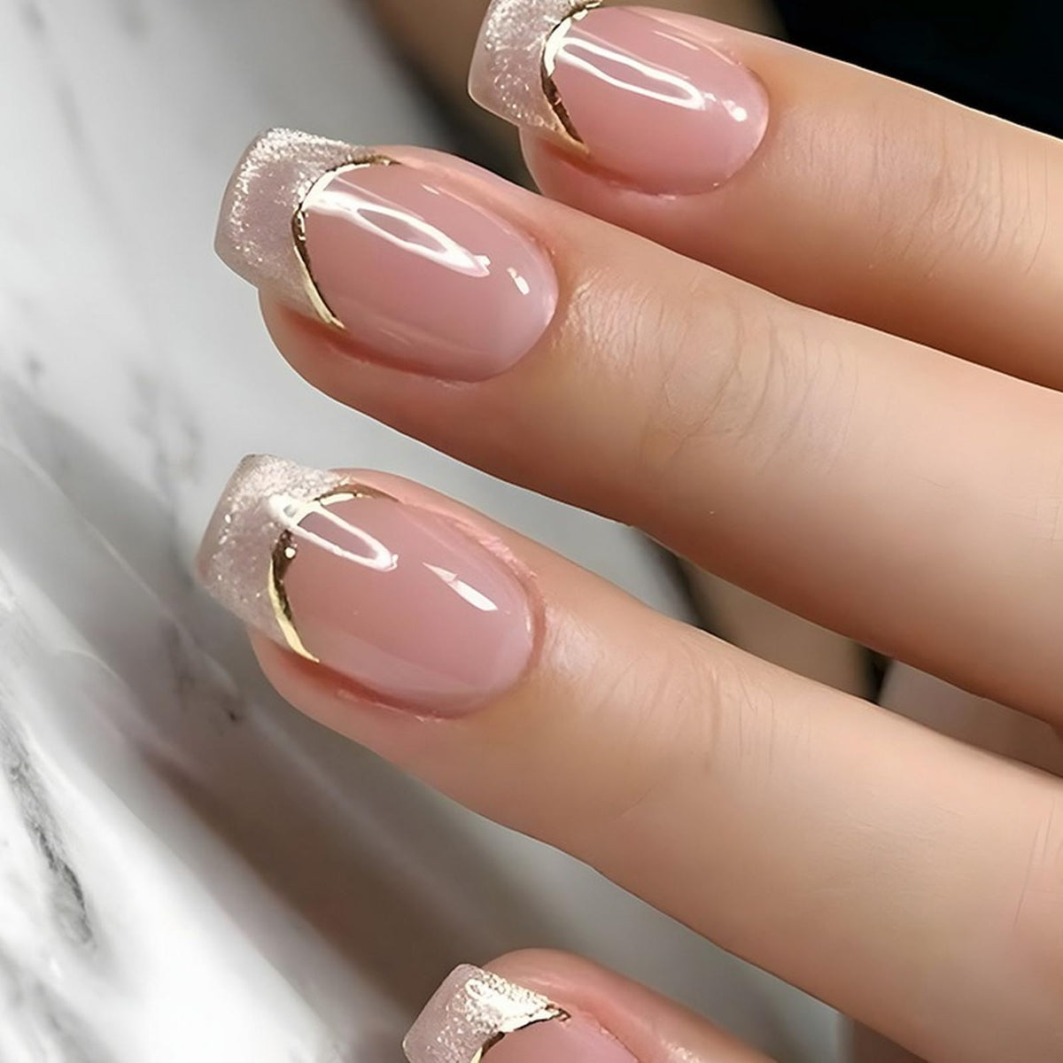 French Tip Press on Nails Glitter Petite Short Square Fake Nails Pink Nude Glossy Design Sparkly False Nails Glue on Nails with Full Cover Acrylic Stick for Women Girls Nail Decorations 24Pcs