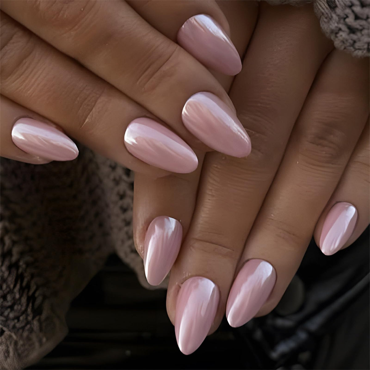 Press On Nails Almond Fake Nails French Tip False Nails Press ons Medium Glue on Nails with Chrome Design for Women Stick on Nail 24Pcs