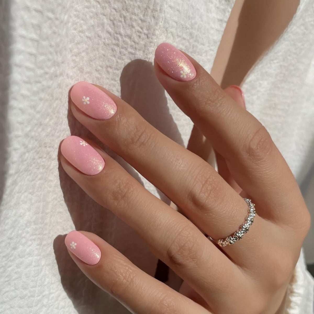 White French Tips Press on Nails, Irregular Gold 3D Lines with Flower & Pearl Design, Reusable Salon Quality Acrylic False Nails for Women, Glue On Nails with Adhesive Tabs for Daily Wear
