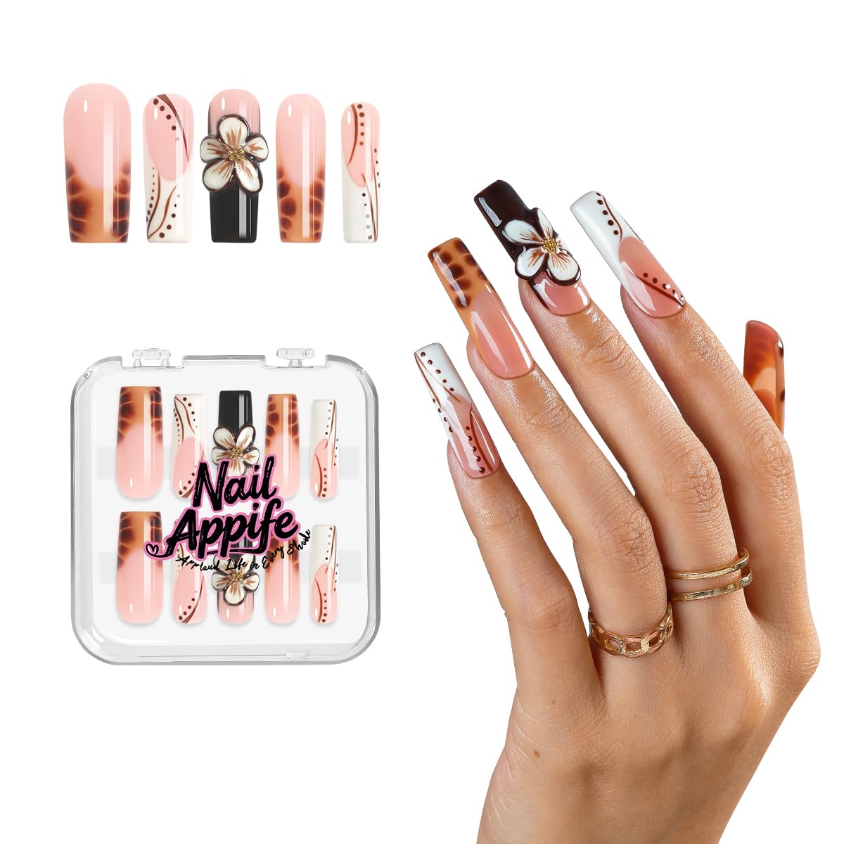 Luxury Baroque Press-On Nails 10pcs, Handmade Long Square Acrylic Nails with Sculpted Gold Relief, Gemstone Heart Charms & Pearl Details, Vintage Green Brown Glossy Design for Statement Style – Appife