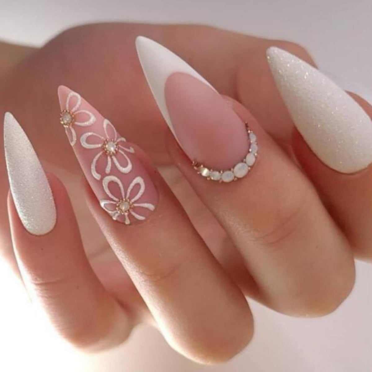 Silver Glitter Press on Nails French Tip Fake Nails Medium Almond False Nail with Rhinestone Design Nude Glossy Artificial Acrylic Full Cover Diamond Glue on Nail for Women Christmas Manicure 24Pcs