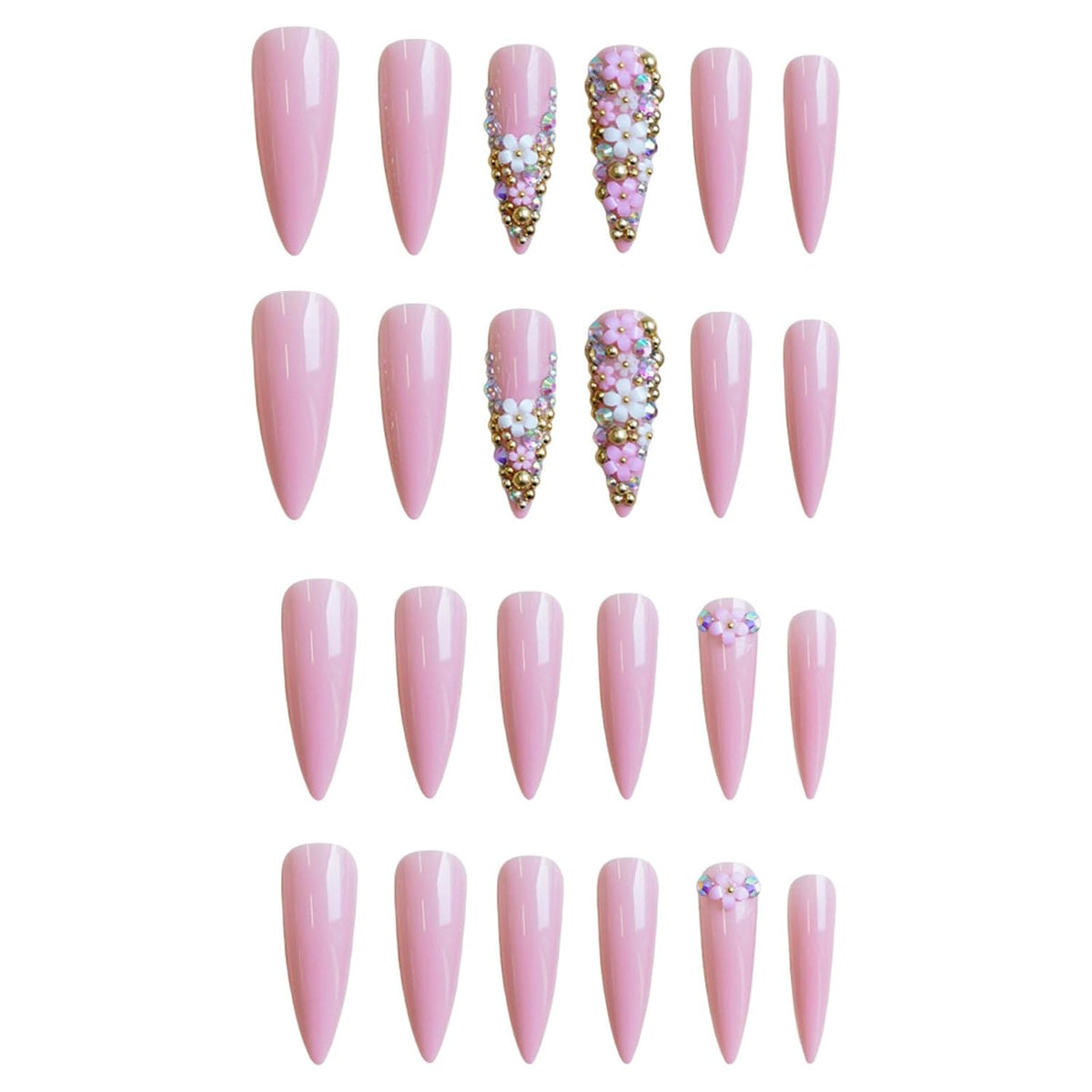 IMRAIN Long Press on Nails Stiletto Pink Fake Nails Rhinestone & Flower Designs Glossy Glue on Acrylic Nails Full Cover Luxury Bling Handmade Stick on False Nails for Women 24Pcs