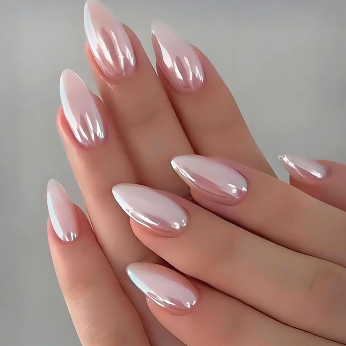 30Pcs Handmade Press on Nails Medium Almond Shape 3D Flower Fake Nails with Chrome Gold Foil Leaves Pearl Designs Nude White Shiny Acrylic Nails Reusable Full Cover Artificial False Nails for Women