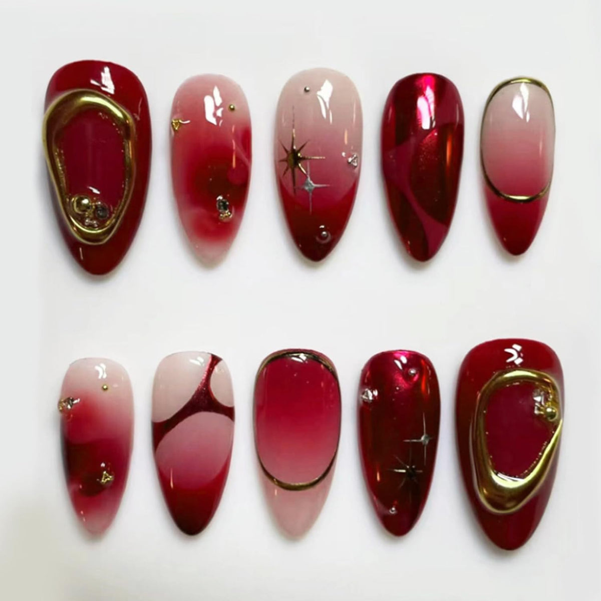 30Pcs Gold Star Moon Press on Nails Long Stiletto French Tip Fake Nails Press on 3D Chrome Gold Design Sun False Nails Irregular Gilded Lines Full Cover Purple Glossy Artificial Acrylic Nail for Women
