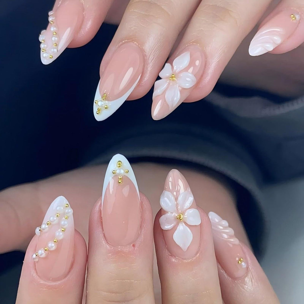Almond Press on Nails Medium Fake Nails with 5D Metal Lines Charm Design Glossy Pink Nails Press on Curve Glue on Nails Reusable Luxury Silver Beads Acrylic Nail for Women 24Pcs
