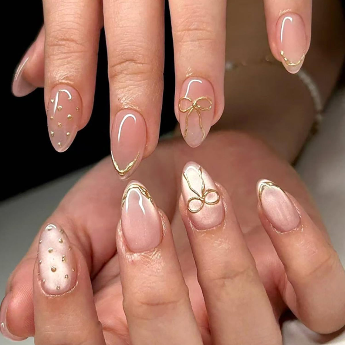 Black French Tip Press On Nails Almond Stiletto, Nude Glossy Fake Nails