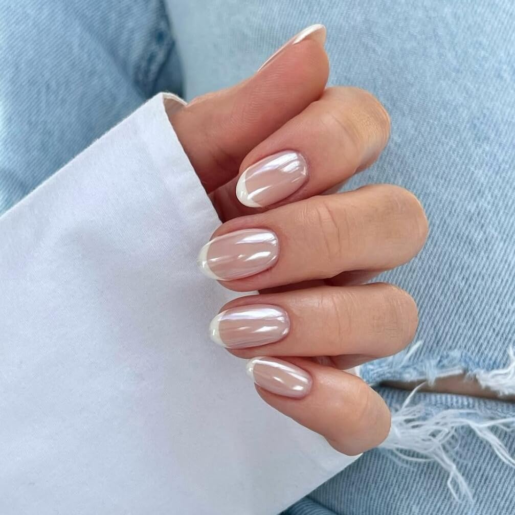White French Tip Press On Nails Almond - KQueenest Chrome Press On Nails Medium, Glazed Natural Light Nude Fake Nails Press on, Reusable Glue on Nails Stick On Nail for Women Bridal Wedding