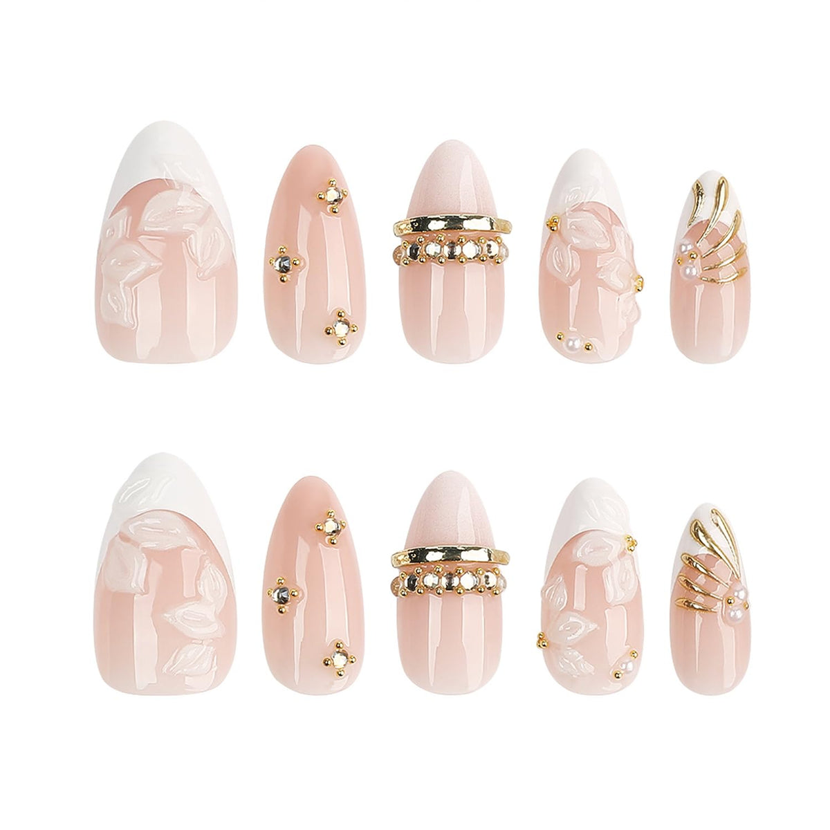 Almond Press on Nails White Flower with Gold Rhinestone Wedding Fake Nails