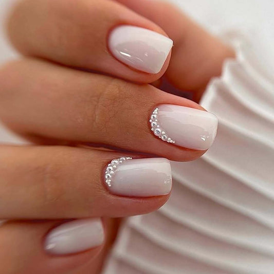 Milky White Press on Nails Medium Square, Pearls Deco Design, 24Pcs