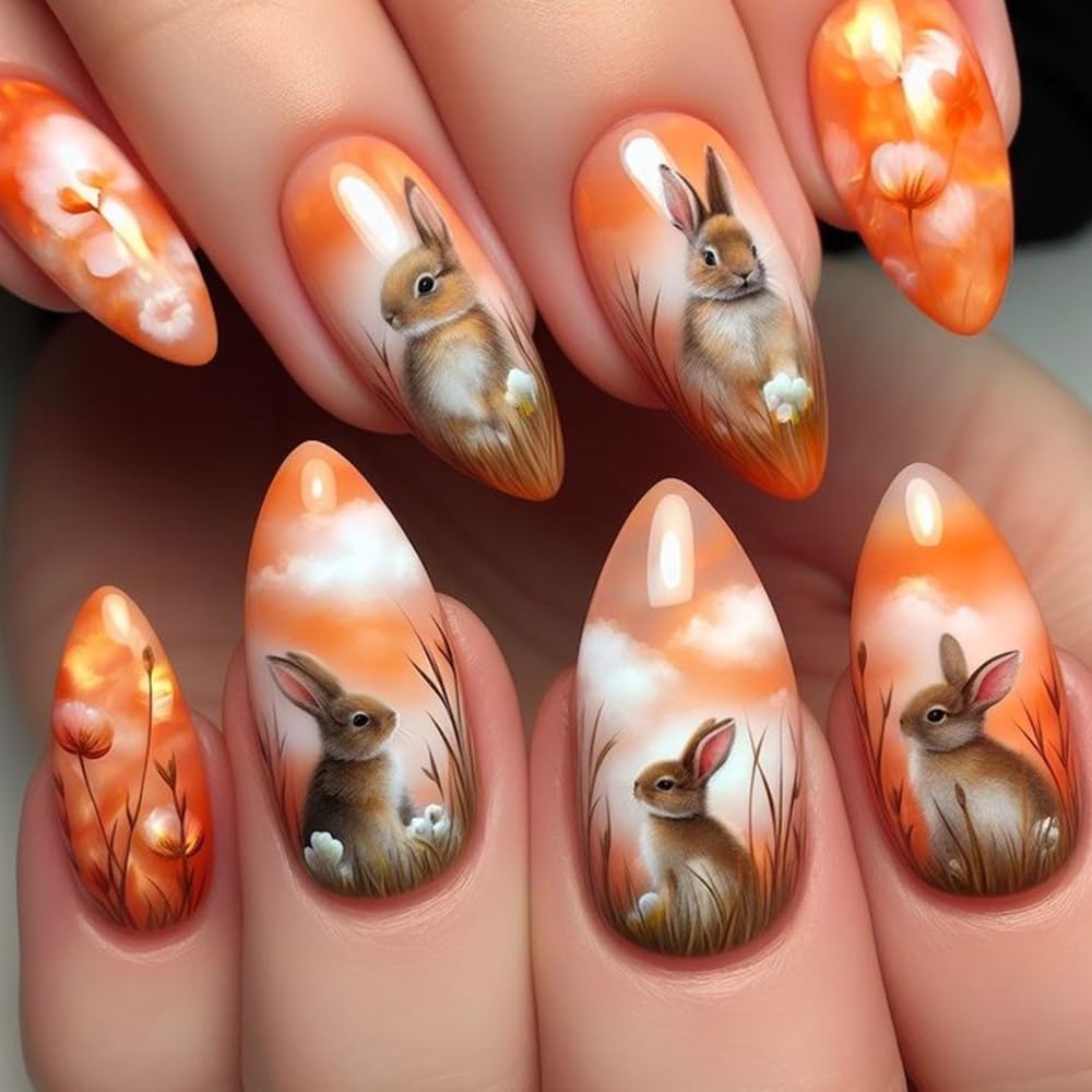 White Gradient Press-On Nails Short Square False Nails with Flower and Leaf Design Glossy Nude Gradient Nail Art Stickers for Women Girls DIY Nail Art Decoration 24 Pieces