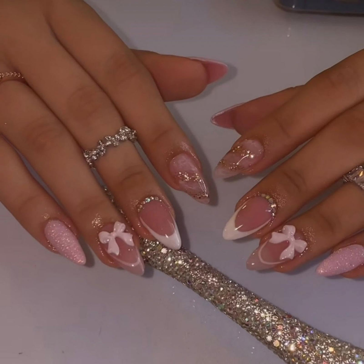 French Tips Press on Nails Medium Almond Nails Press on with 5D Flower Charm Design Glossy Brown Glue on Nails Water Ripple Rhinestones Fake Nail Reusable Fall Winter Nail for Women Manicure 24Pcs