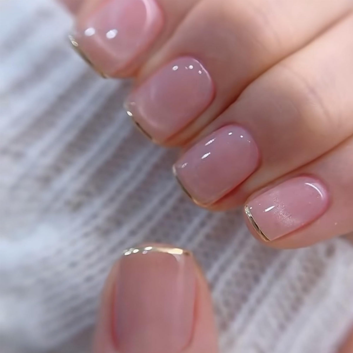 Glossy Nude Gold French Tip Press On Nails Short Almond, 30 PCS