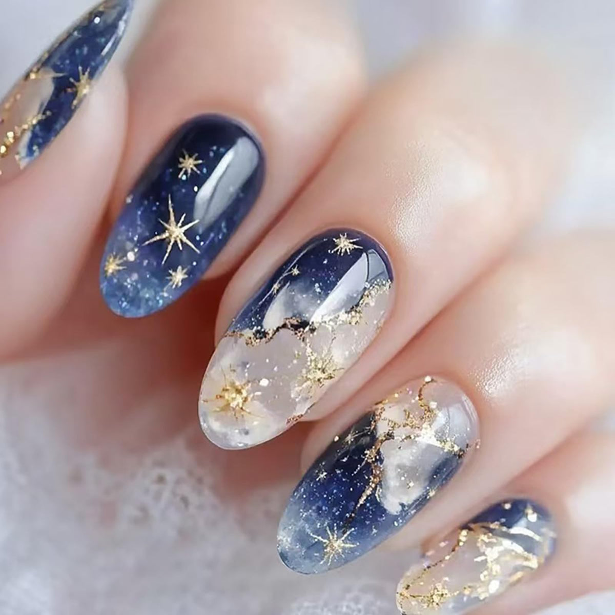 Long Almond Glitter Press on Nails Nude Pink Fashion Gold Fake Nails Full Cover Sparkling Stick On Nails Glossy Thin Design Glue on Nails for Girl Women False Nails Daily Office Party Wedding 24 Pcs