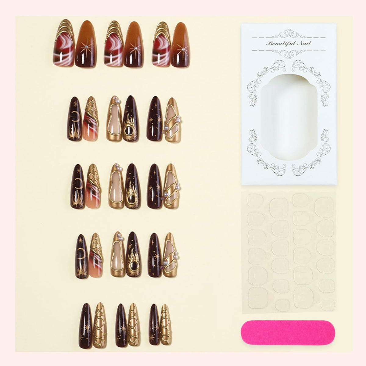 30Pcs Gold Star Moon Press on Nails Long Stiletto French Tip Fake Nails Press on 3D Chrome Gold Design Sun False Nails Irregular Gilded Lines Full Cover Purple Glossy Artificial Acrylic Nail for Women