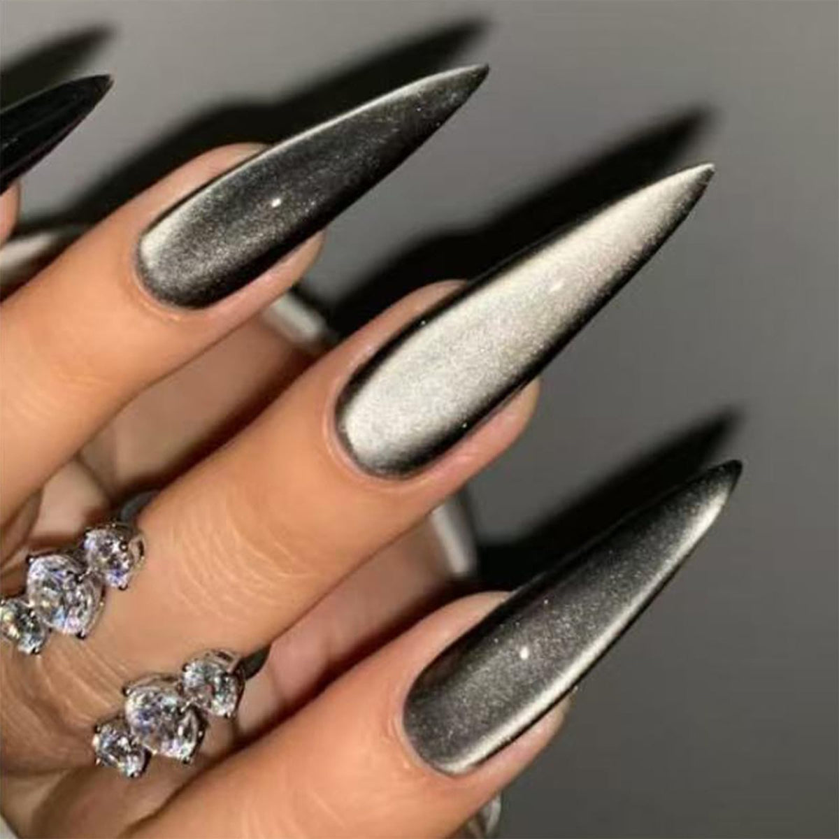 SINHOT Stiletto Press on Nails Long Fake Nails Glossy Glue on Nails Luxury Rhinestones Acrylic Nail White Bling Glitter Almond Artificial Nail Stick on False Nail with Design 24pcs