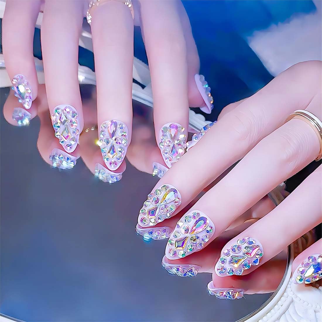 RUOKEXIN Long Press on Nails Stiletto Shaped Fake Nails Handmade False Nails with Rhinestones Designs White Ombre Glue on Nails Glitter Artificial Nails Luxury Stick on Nails for Women 24Pcs