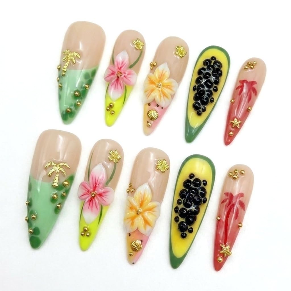 Handmade Press on Acrylic Nails, Almond Long Press Ons with Purple & Nude 3D Swirl Design, Rhinestone & Polka Dot Accents, Stiletto Glue on False Nails Y2K M Size -Gleamrain Design 801