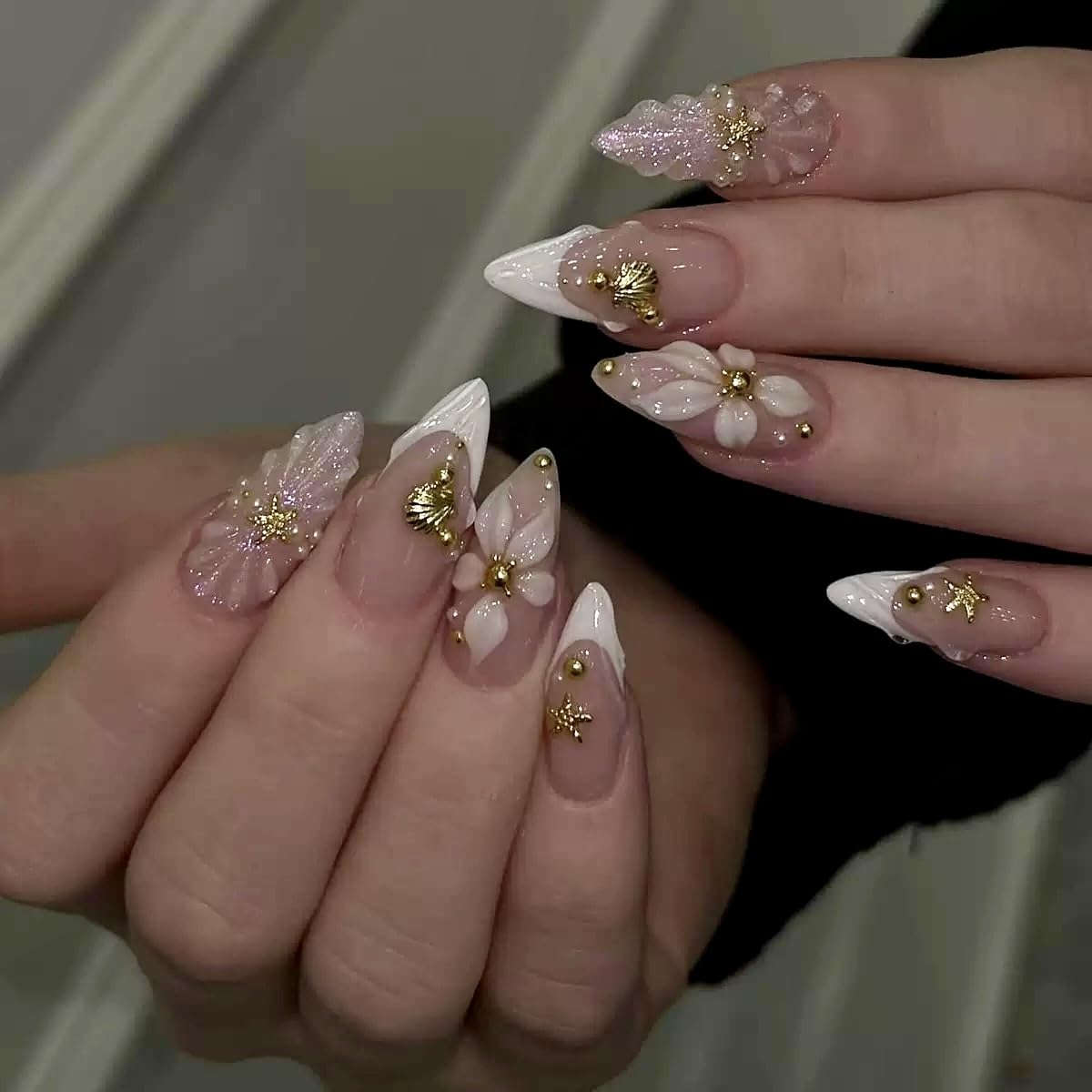 Almond Press on Nails Medium - Fall Fake Nails with Gold Line Design - White Full Cover Stick on False Nails - for Women 24 Pcs