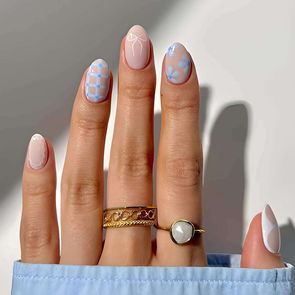 Medium Almond Press on Nails - White French Tip with 3D Flower Rhinestones