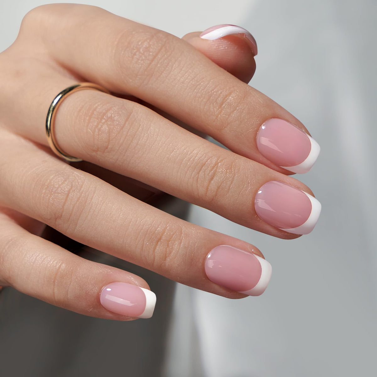 BTArtbox Press On Nails, Short Almond French Tip Nails, 32Pcs Full Kit