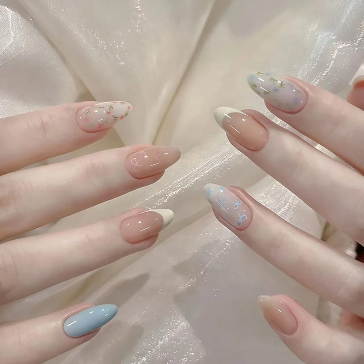 24Pcs Handmade Press on Almond Nails Nude Pink White Gold Flower Fake Nails Pearl False Nails Elegant Summer Nails Glue on Luxurious for Girl Women Stick on Nails Bridal Wedding Formal Events Life