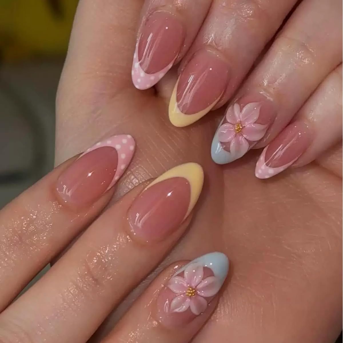 Almond Press on Nails Medium - Fall Fake Nails with Gold Line Design - White Full Cover Stick on False Nails - for Women 24 Pcs