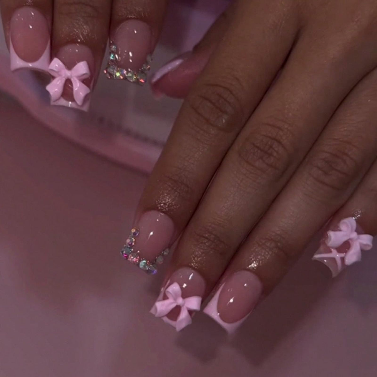 French Tip Press on Nails Glitter Petite Short Square Fake Nails Pink Nude Glossy Design Sparkly False Nails Glue on Nails with Full Cover Acrylic Stick for Women Girls Nail Decorations 24Pcs